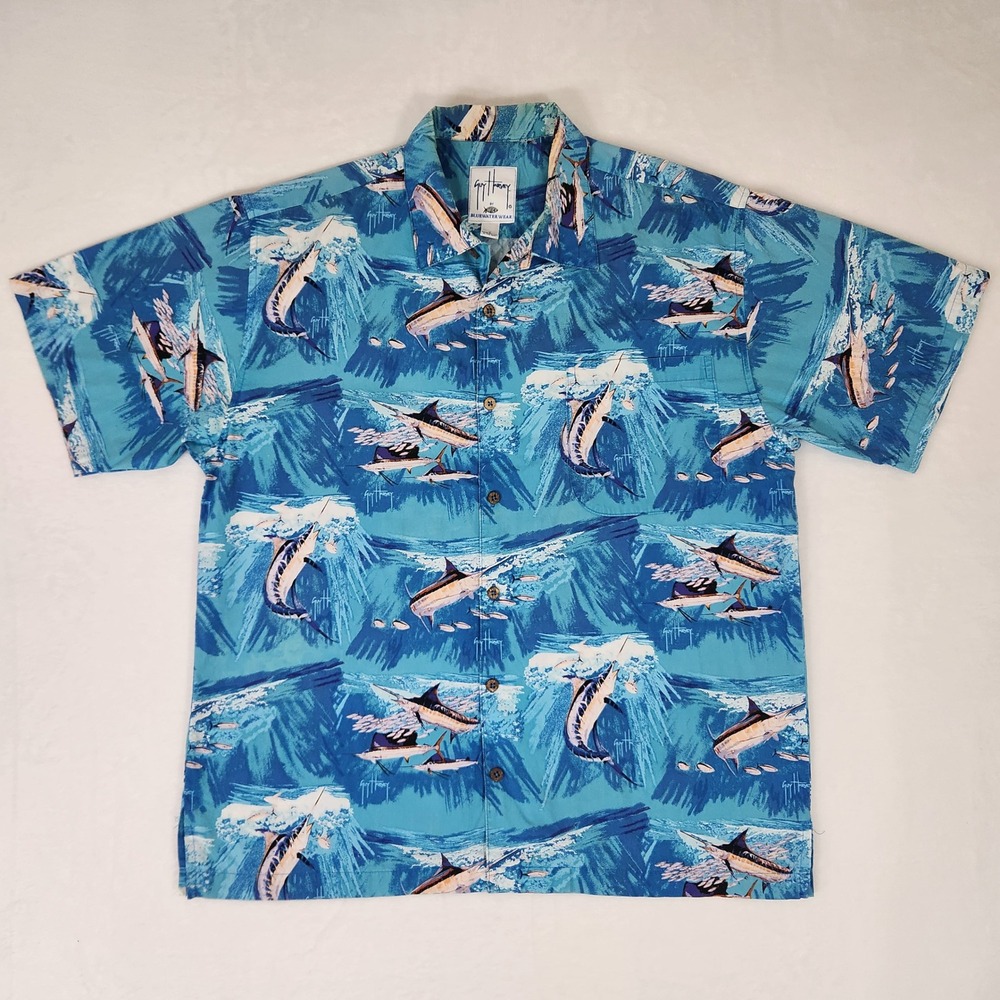 Guy Harvey AFTCO Bluewater Wear Marlin Fish Print Cotton Shirt Blue Mens Large